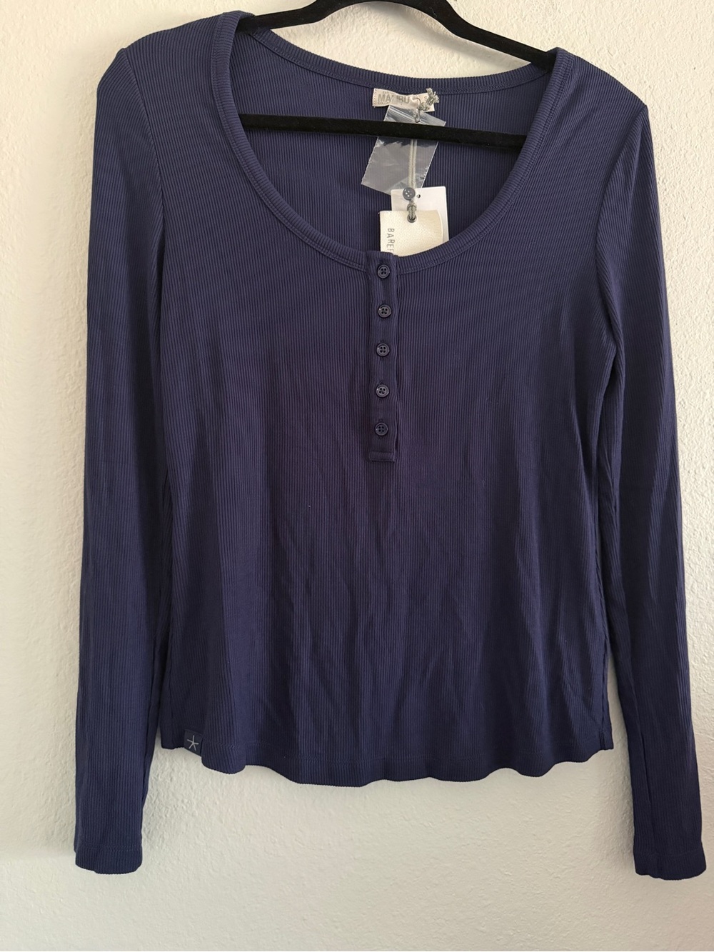 Barefoot Dreams Henley Top Navy Rib Knit Classic Malibu Collection